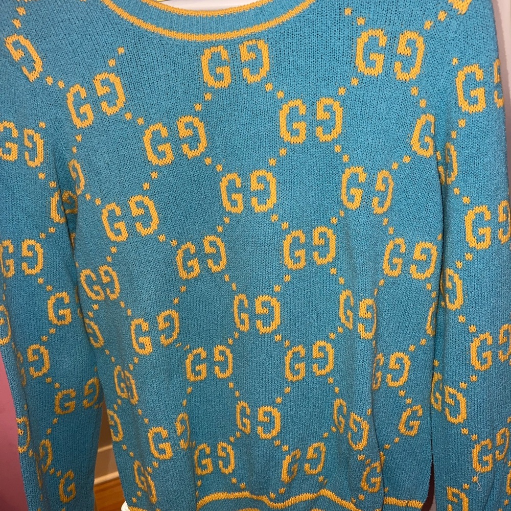 Gucci Blue and Yellow Crew Neck Sweater with Iconic Pattern